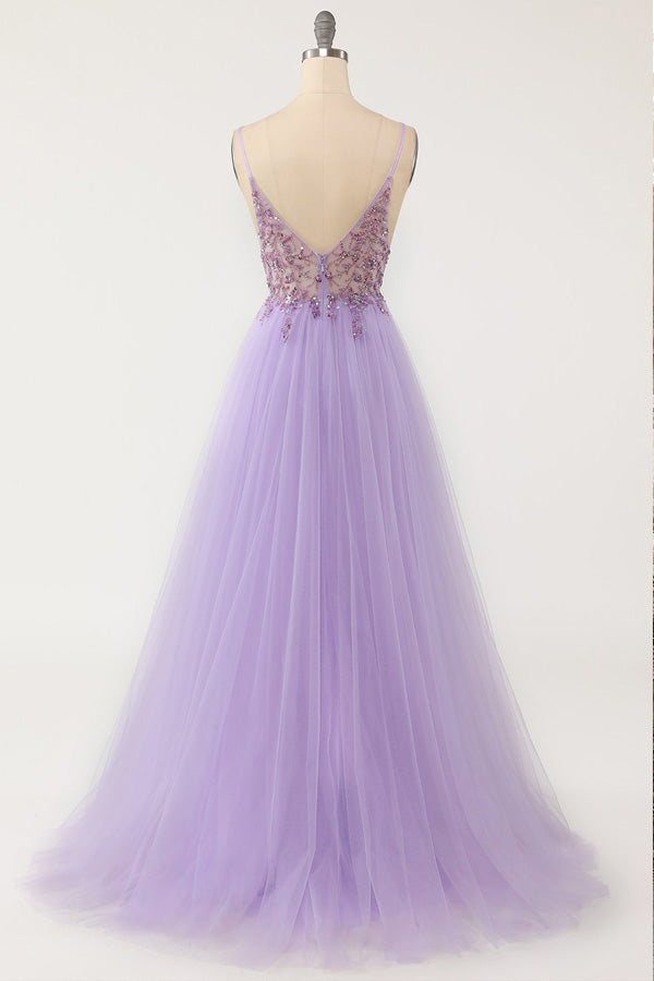 A-line Spaghetti Straps Split Prom Dress With Beading