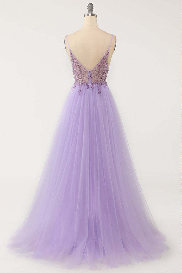 A-line Spaghetti Straps Split Prom Dress With Beading
