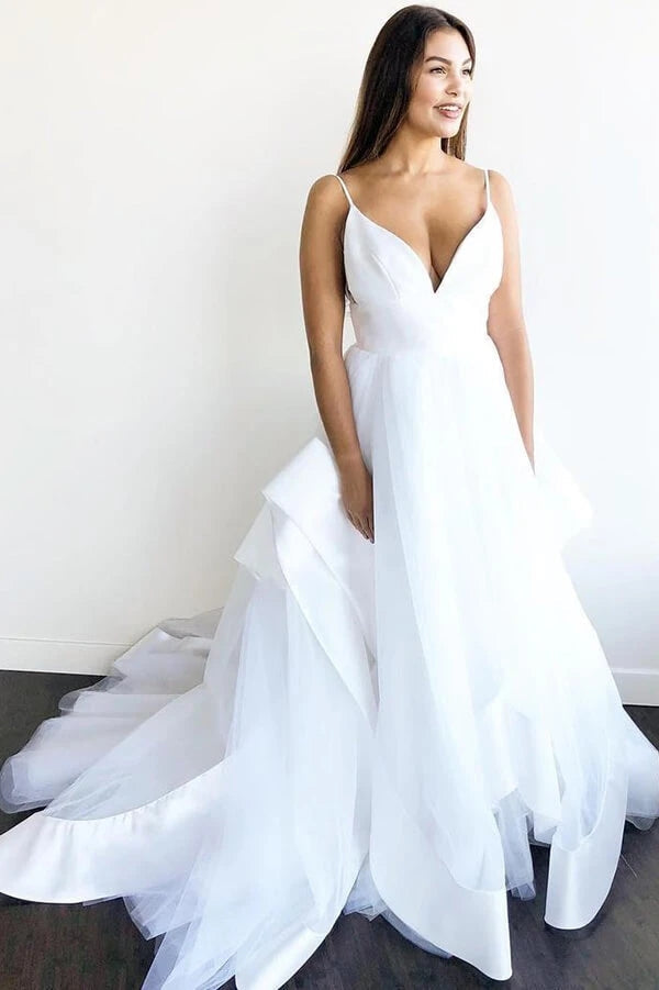 A Line Spaghetti Straps Tulle Wedding Dress With Ruffles