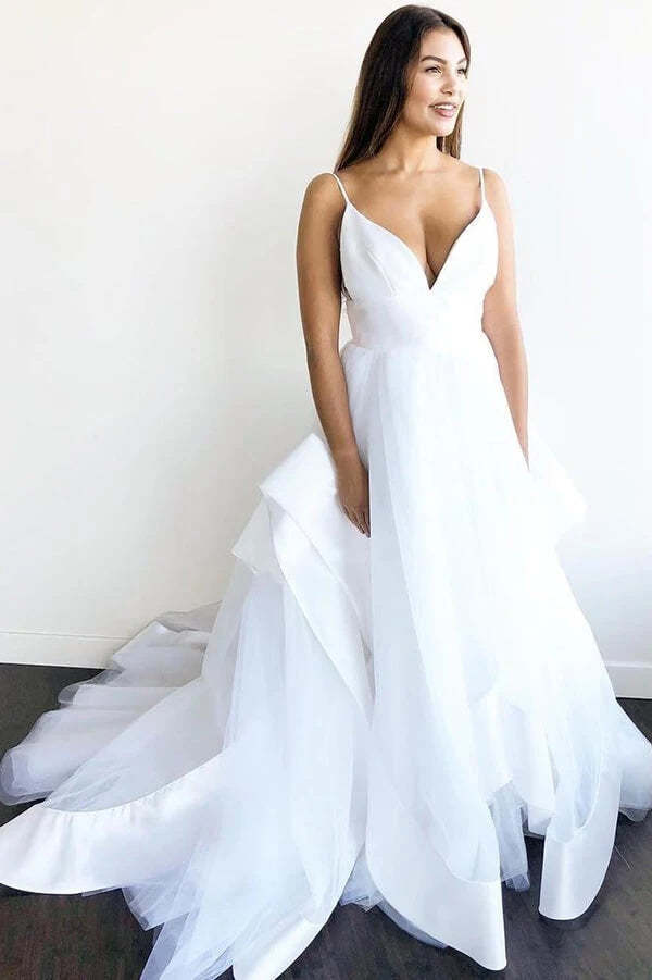 A Line Spaghetti Straps Tulle Wedding Dress With Ruffles