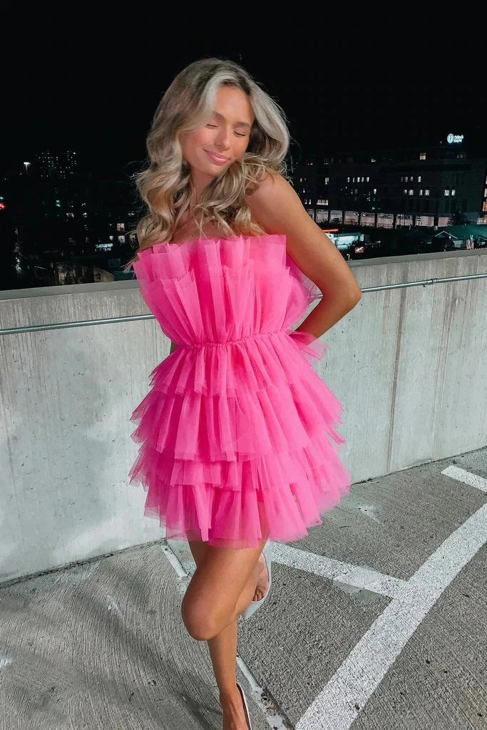A Line Strapless Tiered Tulle Short Birthday Dress Sweet 16 Dress WD248 winkbridal