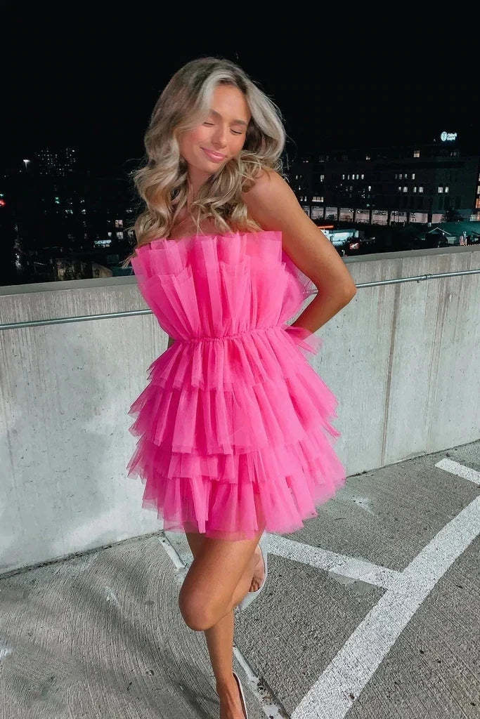 A Line Strapless Tiered Tulle Short Birthday Dress Sweet 16 Dress WD248 winkbridal