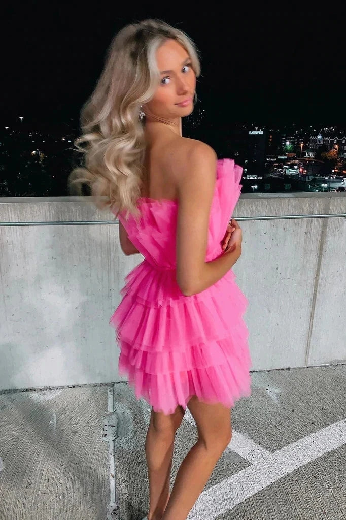 A Line Strapless Tiered Tulle Short Birthday Dress Sweet 16 Dress WD248 winkbridal