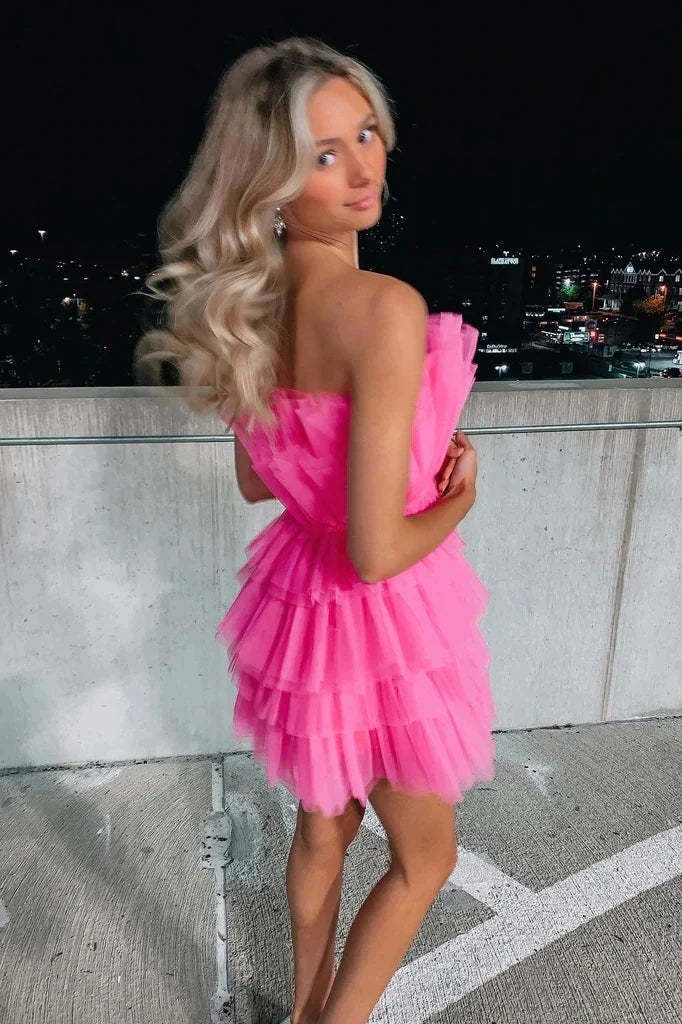 A Line Strapless Tiered Tulle Short Birthday Dress Sweet 16 Dress WD248 winkbridal