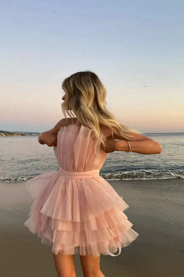 A Line Strapless Tiered Tulle Short Birthday Dress Sweet 16 Dress WD248 winkbridal