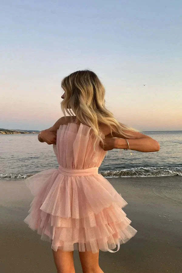 A Line Strapless Tiered Tulle Short Birthday Dress Sweet 16 Dress WD248 winkbridal