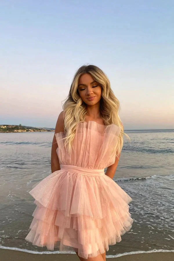A Line Strapless Tiered Tulle Short Birthday Dress Sweet 16 Dress WD248 winkbridal