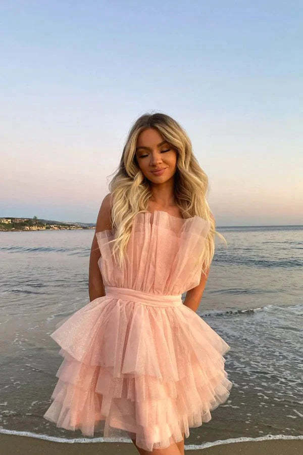 A Line Strapless Tiered Tulle Short Birthday Dress Sweet 16 Dress WD248 winkbridal