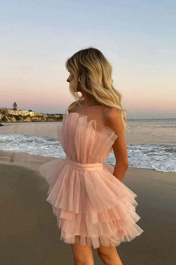A Line Strapless Tiered Tulle Short Birthday Dress Sweet 16 Dress WD248 winkbridal