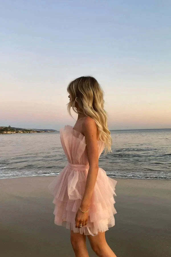 A Line Strapless Tiered Tulle Short Birthday Dress Sweet 16 Dress WD248 winkbridal