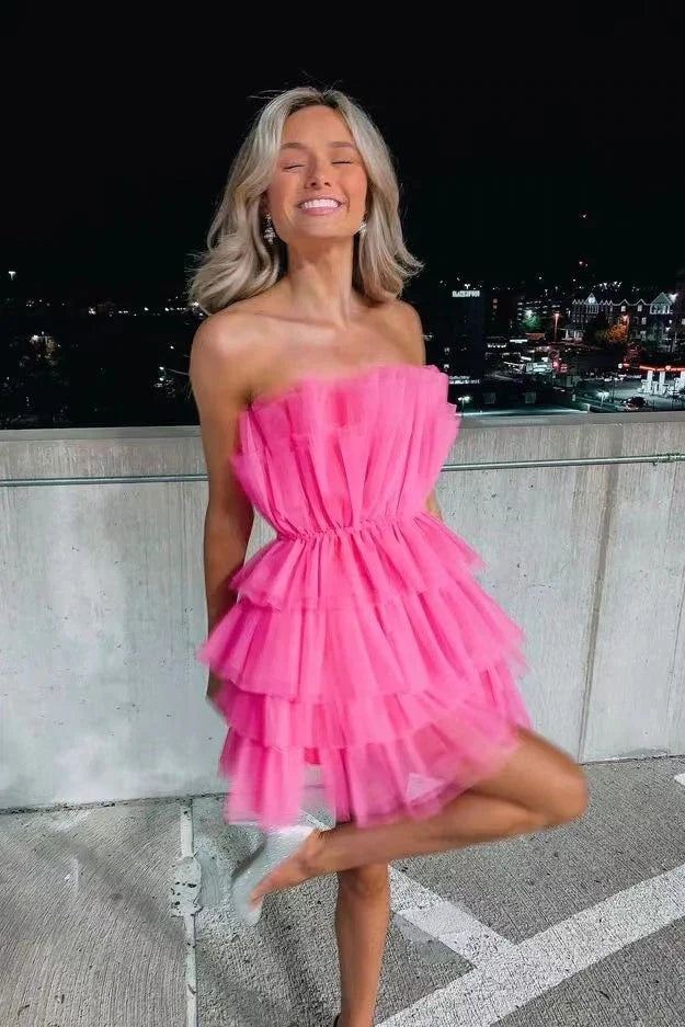 A Line Strapless Tiered Tulle Short Birthday Dress Sweet 16 Dress WD248 winkbridal