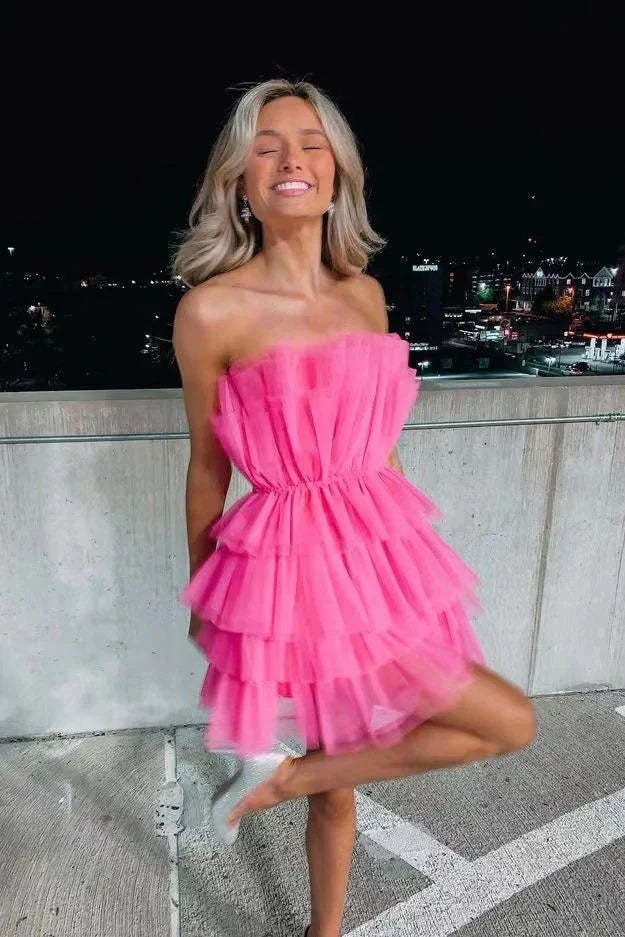 A Line Strapless Tiered Tulle Short Birthday Dress Sweet 16 Dress WD248 winkbridal
