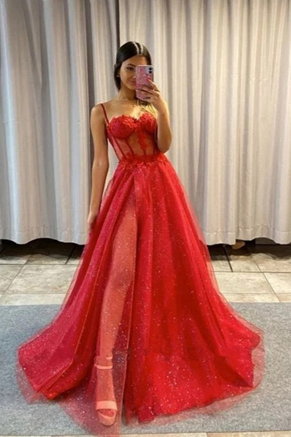 A-line Sweetheart Black Tulle Long Prom Dress With Slit