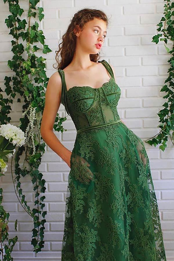 A Line Sweetheart Dark Green Lace Long Prom Dress With Pocket