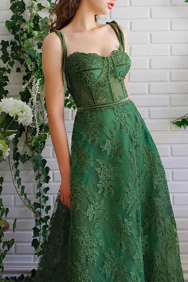 A Line Sweetheart Dark Green Lace Long Prom Dress With Pocket