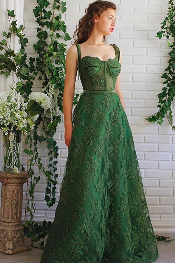 A Line Sweetheart Dark Green Lace Long Prom Dress With Pocket