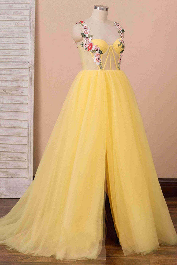A Line Sweetheart Yellow Tulle Prom Dress Floral Party Dress