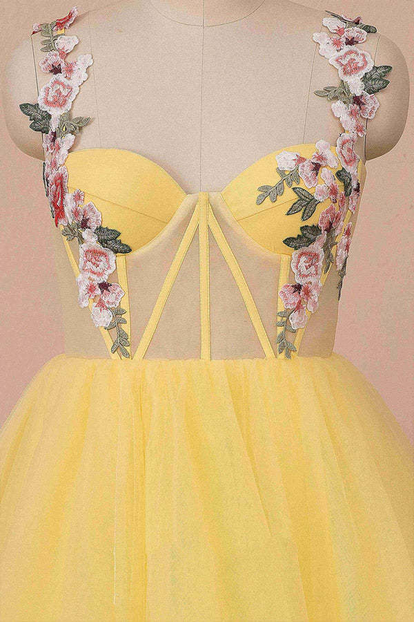 A Line Sweetheart Yellow Tulle Prom Dress Floral Party Dress
