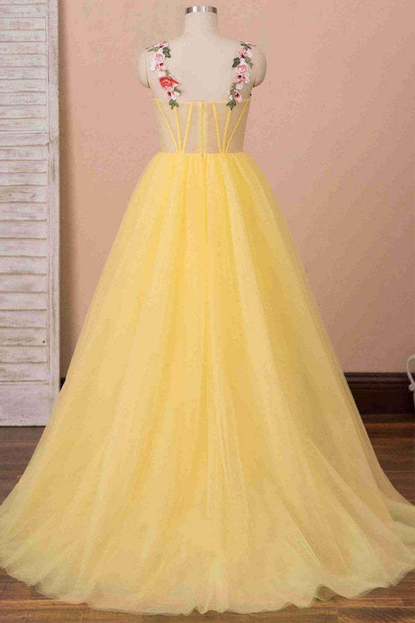 A Line Sweetheart Yellow Tulle Prom Dress Floral Party Dress