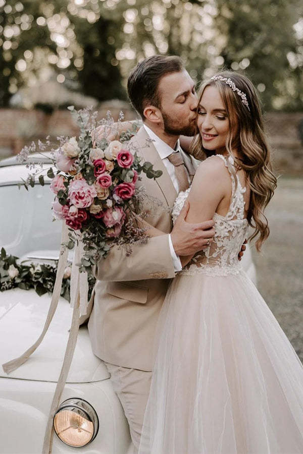 A Line Tulle Wedding Dress With Lace Top