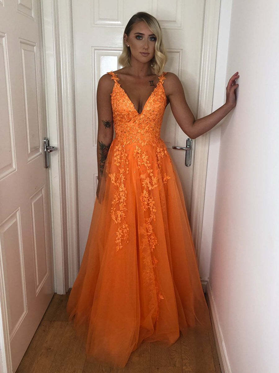 A Line V Neck Backless Lace Yellow Prom Dresses, V Neck Lace Formal Dresses, Yellow Lace Evening Dresses