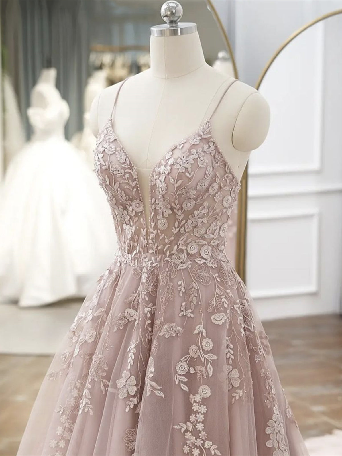 A Line V Neck Backless Pink Lace Floral Long Prom Dresses, Pink Lace Formal Graduation Evening Dresses