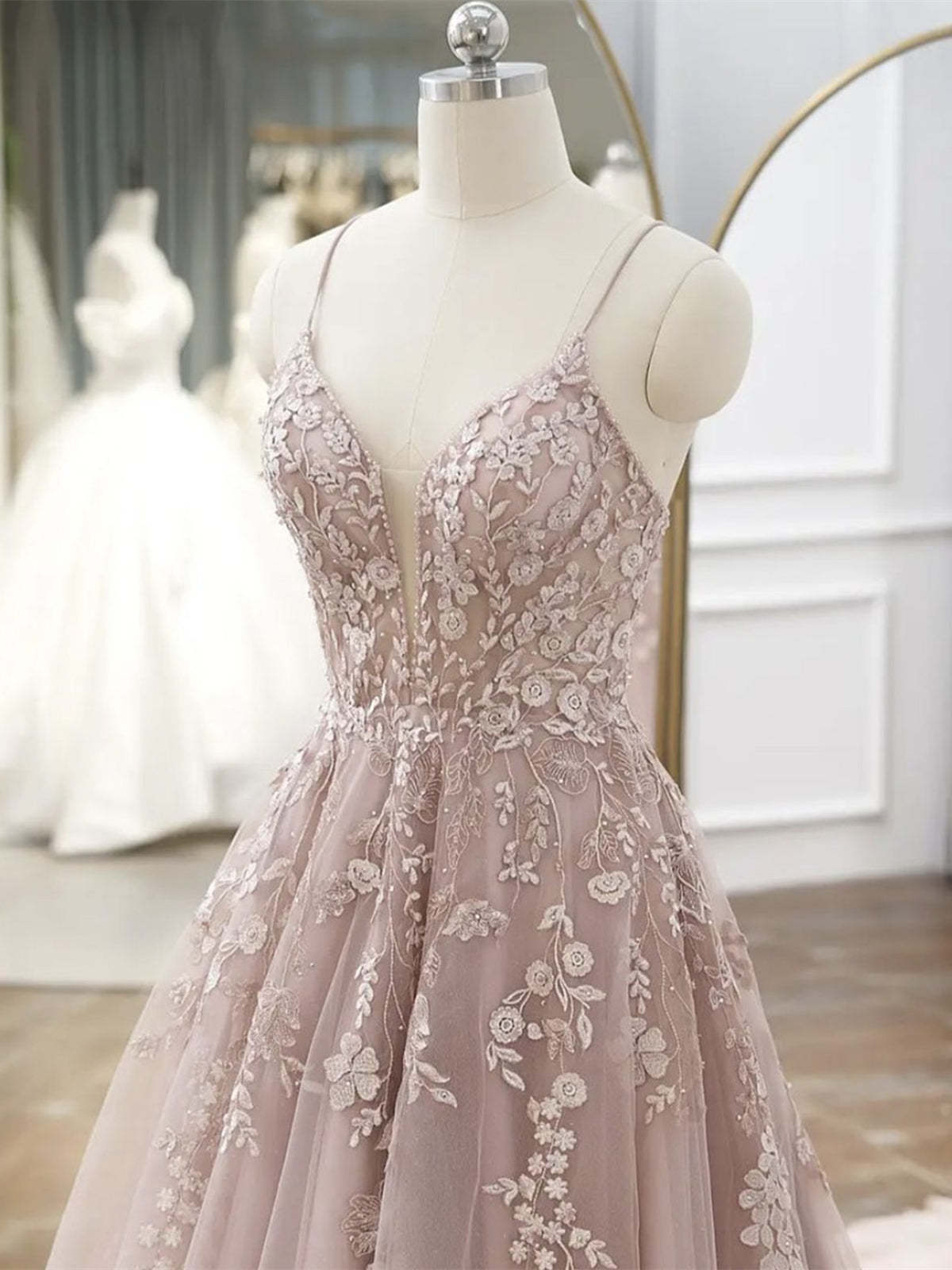 A Line V Neck Backless Pink Lace Floral Long Prom Dresses, Pink Lace Formal Graduation Evening Dresses