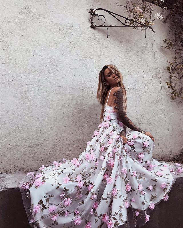 A Line V Neck Backless Pink Lace Floral White Prom Dresses, Pink 3D Flower White Formal Dresses, Evening Dresses