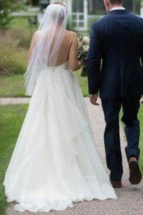 A Line V-neck Ivory Tulle Wedding Dresses Backless Bridal Gown