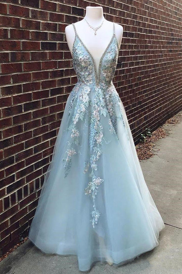 A-line V Neck Lace Appliqued Tulle Prom Dress With Beading