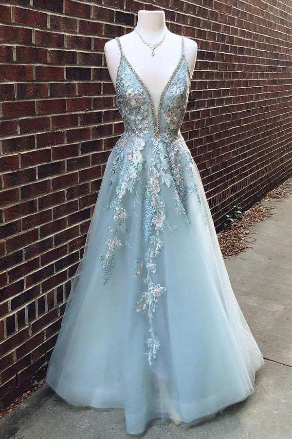 A-line V Neck Lace Appliqued Tulle Prom Dress With Beading