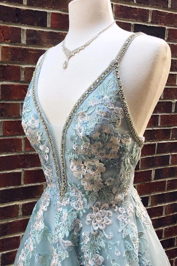 A-line V Neck Lace Appliqued Tulle Prom Dress With Beading