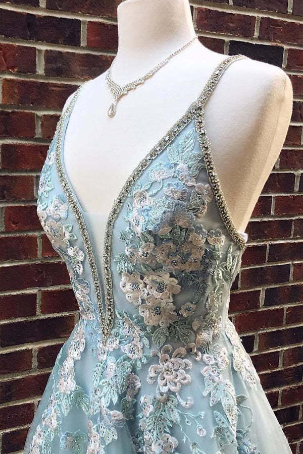 A-line V Neck Lace Appliqued Tulle Prom Dress With Beading