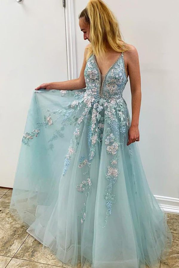 A-line V Neck Lace Appliqued Tulle Prom Dress With Beading