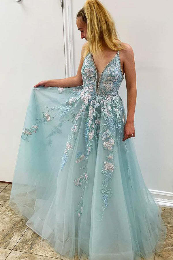 A-line V Neck Lace Appliqued Tulle Prom Dress With Beading