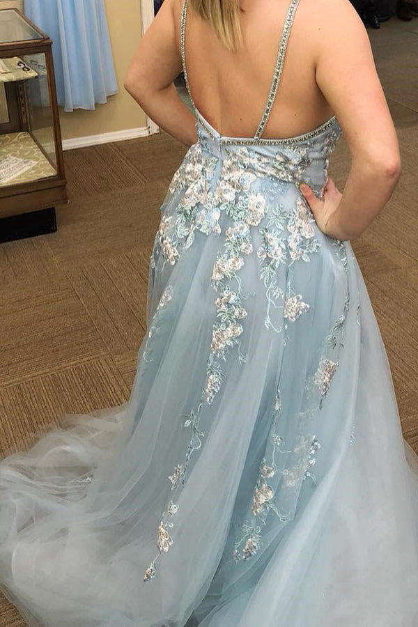 A-line V Neck Lace Appliqued Tulle Prom Dress With Beading