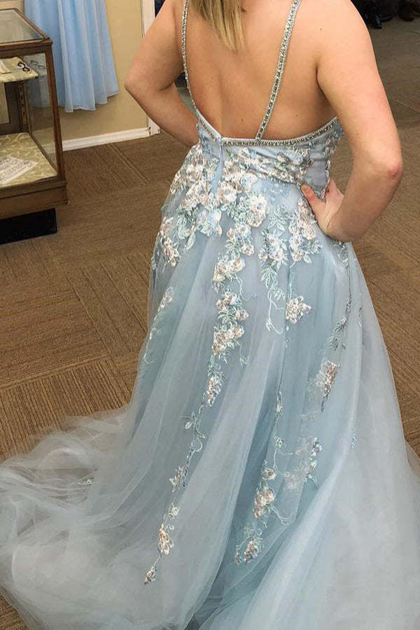 A-line V Neck Lace Appliqued Tulle Prom Dress With Beading