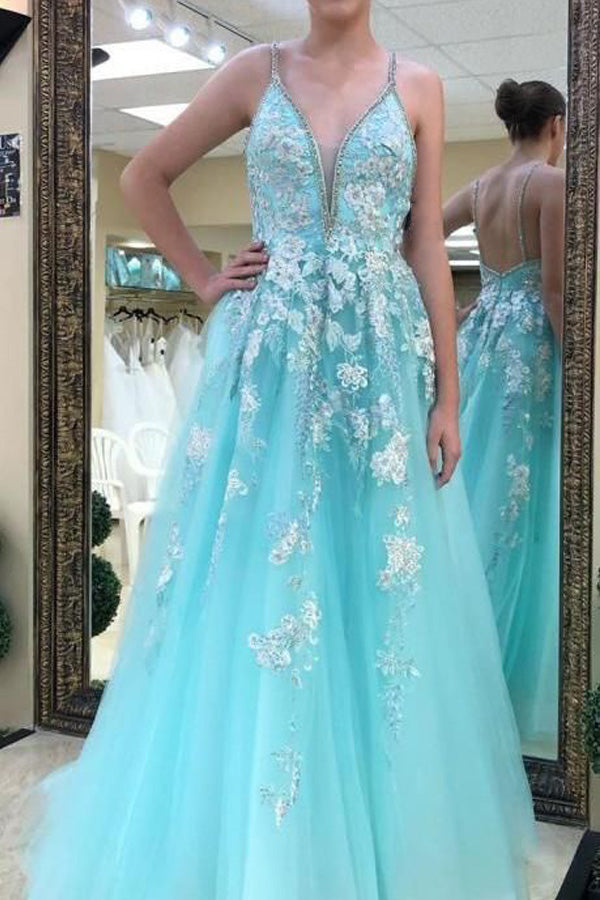 A-line V Neck Lace Appliqued Tulle Prom Dress With Beading