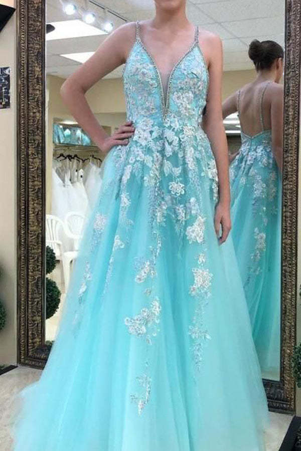 A-line V Neck Lace Appliqued Tulle Prom Dress With Beading