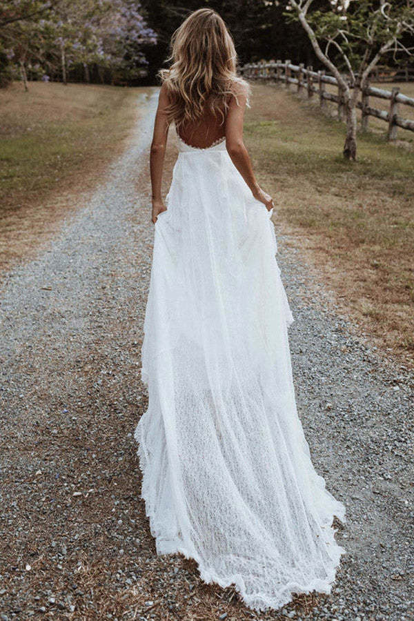 A Line V-neck Lace Beach Wedding Dress