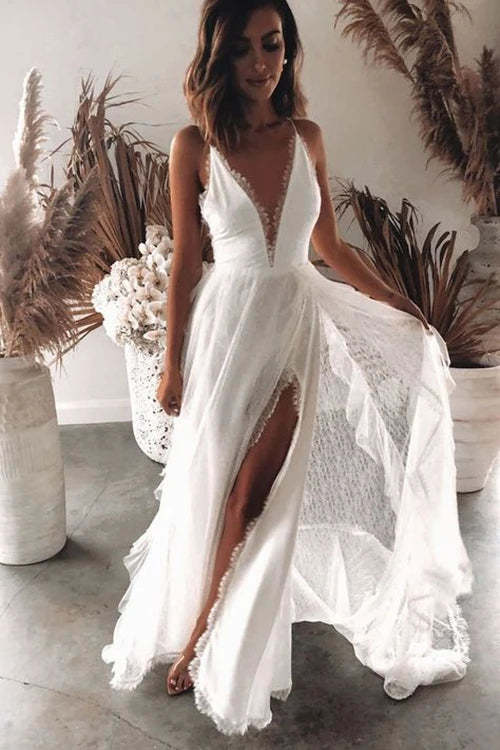 A Line V-neck Lace Beach Wedding Dress