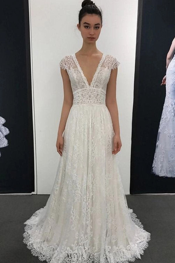 A Line V Neck Lace Wedding Dress