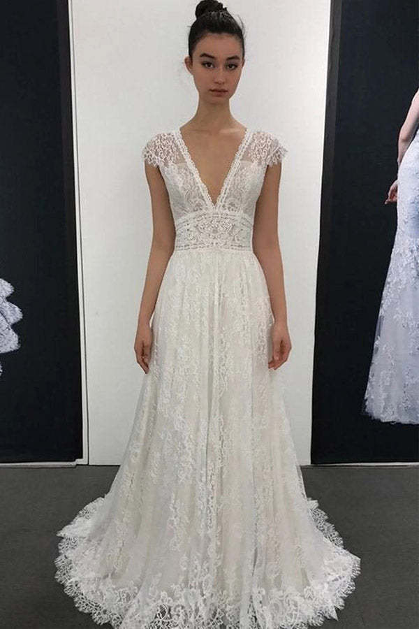A Line V Neck Lace Wedding Dress