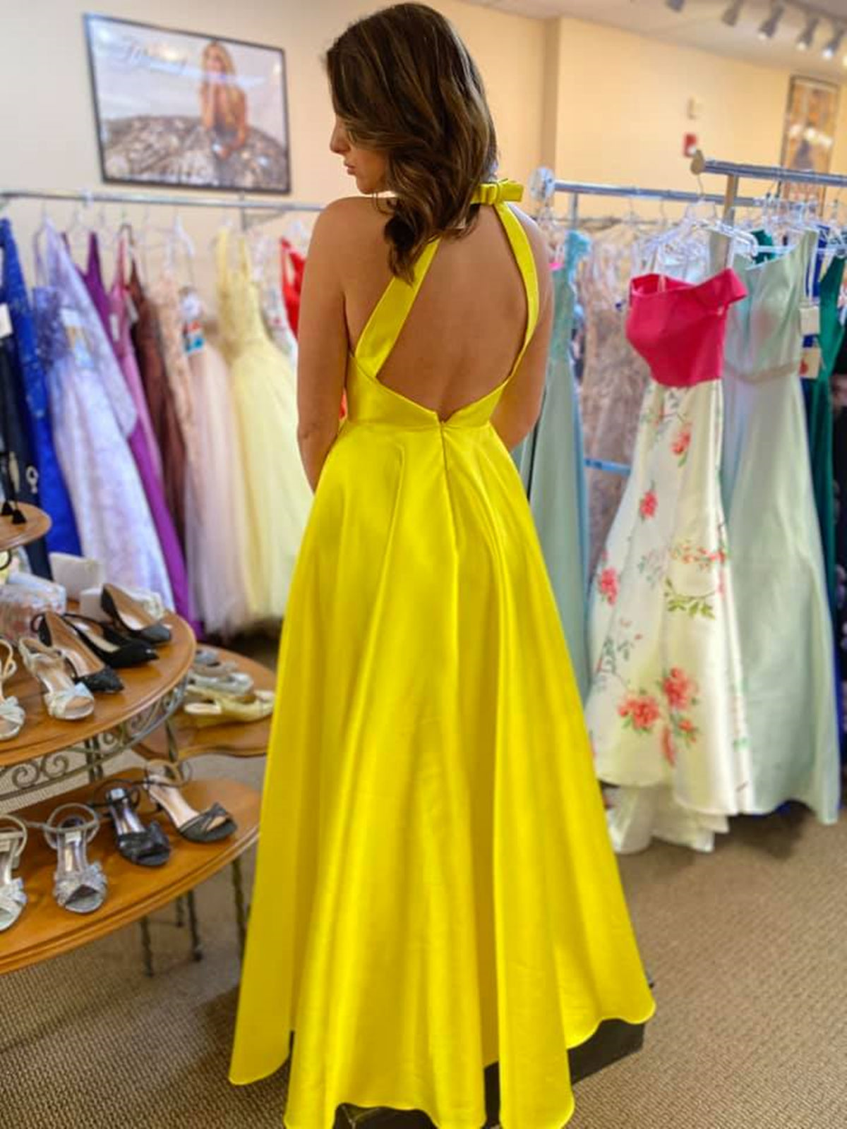 A Line V Neck Open Back Yellow Satin Long Prom Dresses with Slit, V Neck Yellow Formal Graduation Evening Dresses