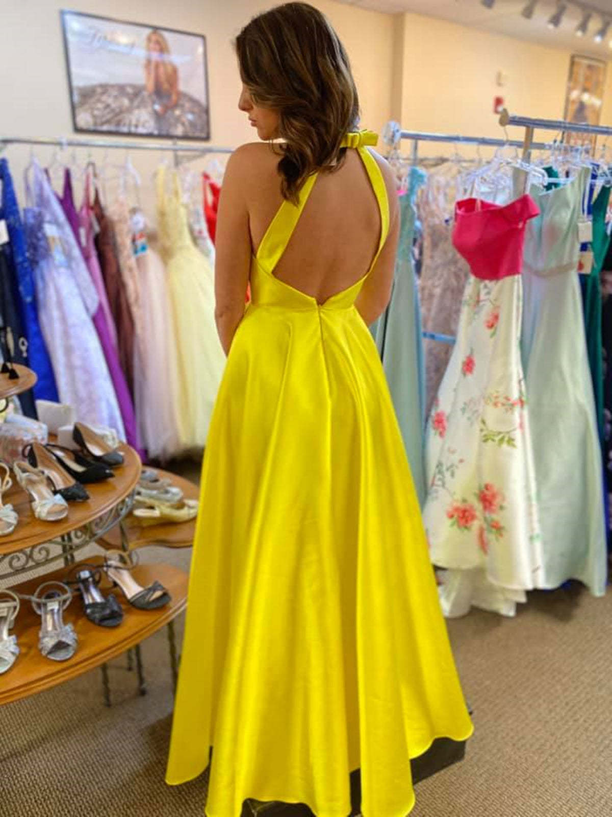 A Line V Neck Open Back Yellow Satin Long Prom Dresses with Slit, V Neck Yellow Formal Graduation Evening Dresses
