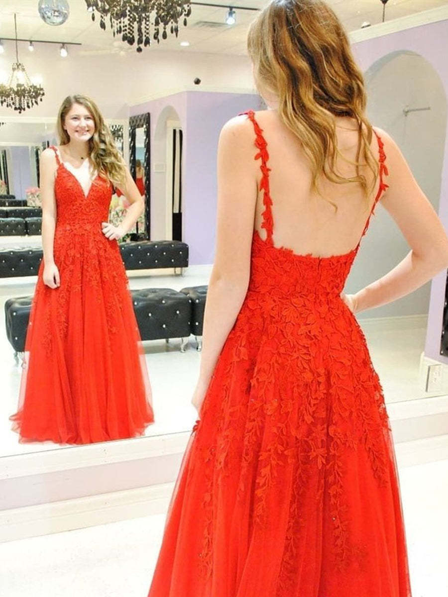 A Line V Neck tti Straps Floor Length Backless Burgundy/Red Lace Long Prom Dresses, Lace Burgundy/Red Formal Dresses