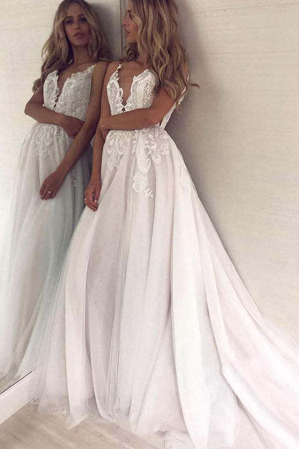 A Line V Neck Tulle Wedding Dress With Appliques