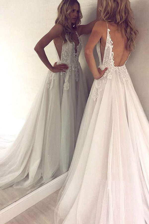 A Line V Neck Tulle Wedding Dress With Appliques