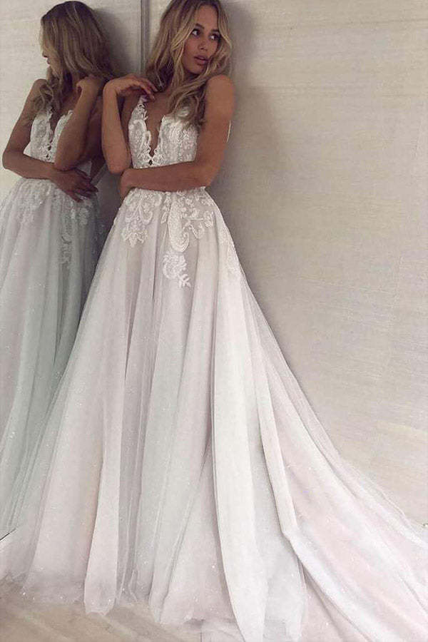 A Line V Neck Tulle Wedding Dress With Appliques