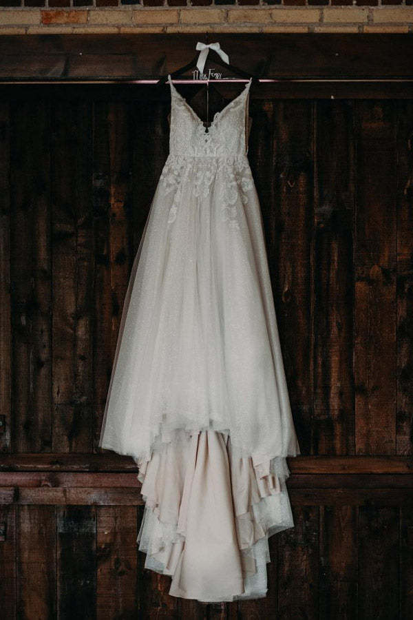 A Line V Neck Tulle Wedding Dress With Appliques
